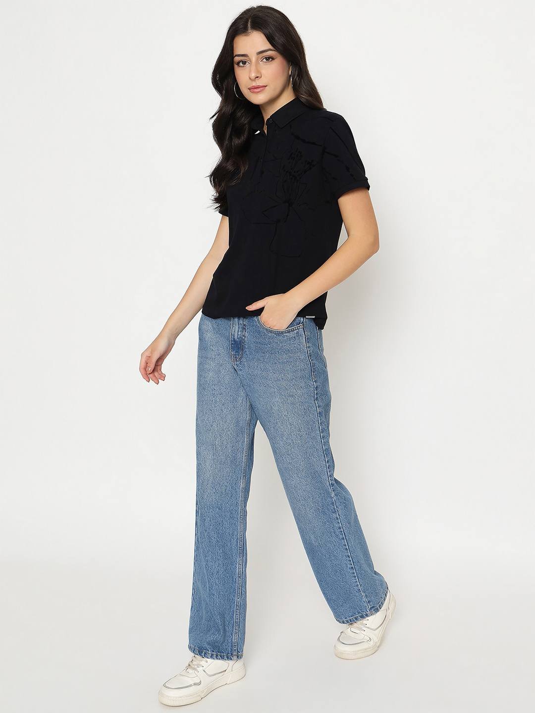 Solid Black Cotton Blend T-Shirt - Image 2