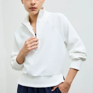 White Ribbed Quarter-Zip Sweatshirt